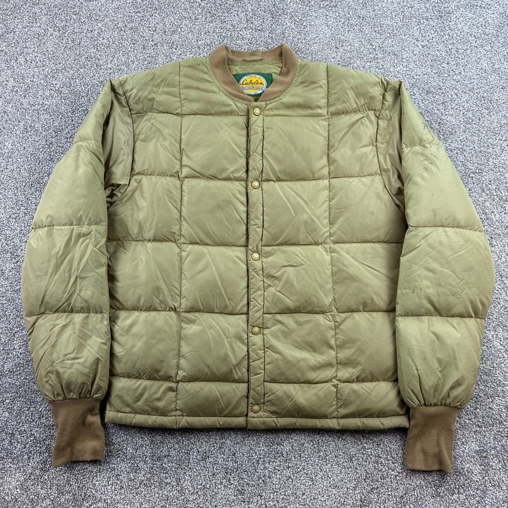 Vintage Cabela's Goose Down Puffer Jacket Mens M Tan Nylon Quilted Snap Liner